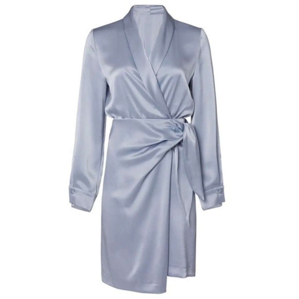 Nanushka Siwa Satin Long Sleeve Tie Wrap Mini Dress in Ice Blue Size Medium